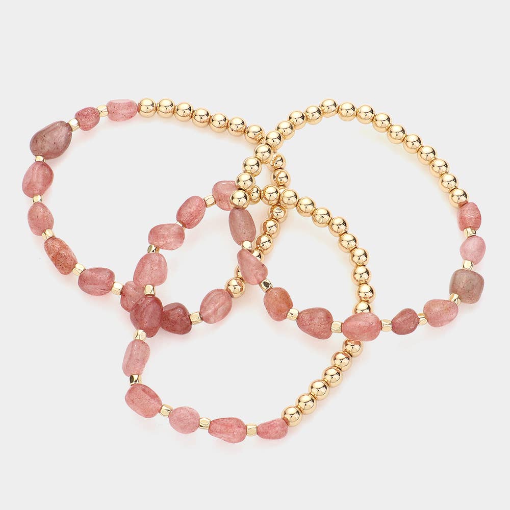 3PCS - Natural Stone Accented Metal Ball Beaded Stretch Multi Layered Bracelets