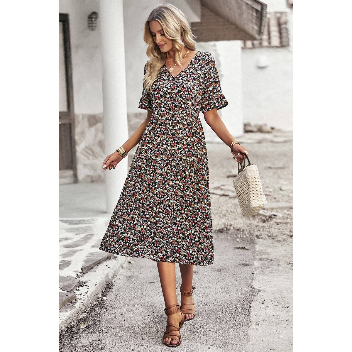 Floral Print Fit Ruffle Sleeve Midi Dress