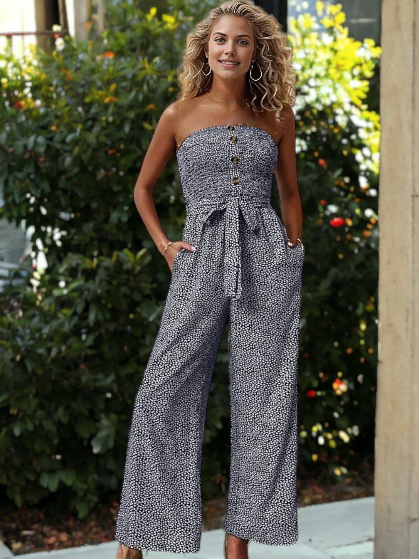 Buttoned Smock Ribbon Strapped Jumpsuit For Women