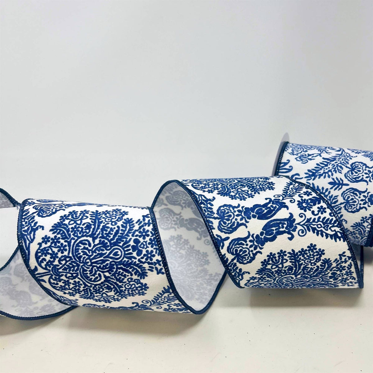 Blue Chinoiserie on White Faux Dupioni Ribbon 4" x 10yd