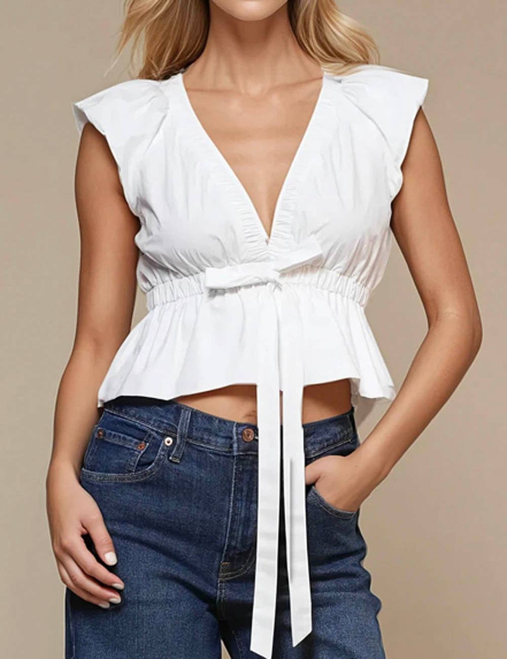 Ladies V-neck Waist Bowtie Sleeveless White Top SKT51005
