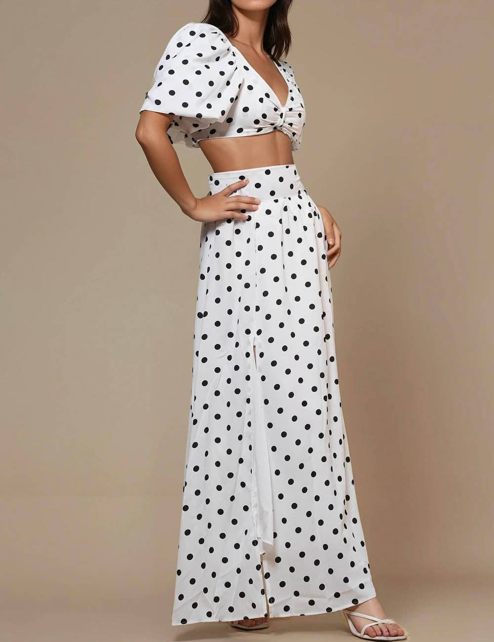 Ladies Polka Dot Crop Top Midi Skirt 2PCS Set