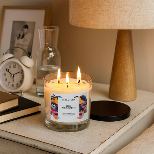 Decorative Candle - White Glass "Delete My Belly", 12 Oz