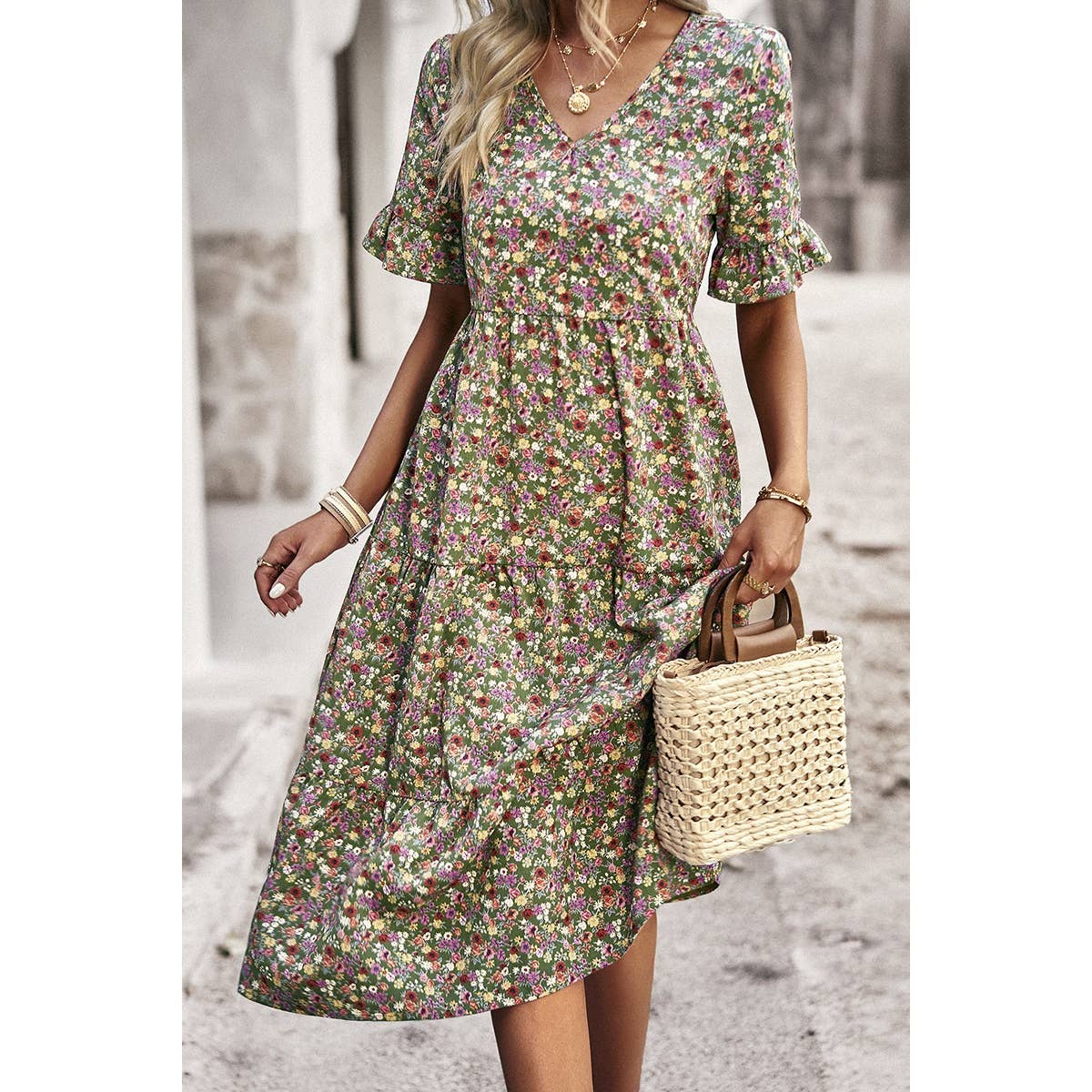 Floral Print Fit Ruffle Sleeve Midi Dress
