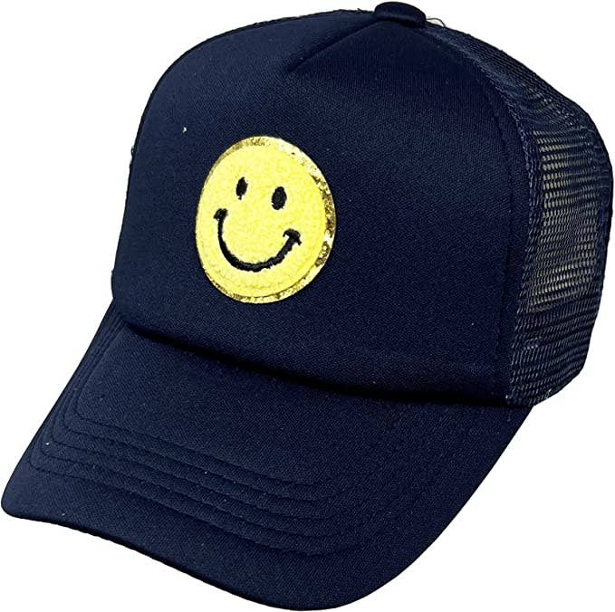 Kids Foam Trucker Hat - Smiley Chenille Patch (navy/yellow)