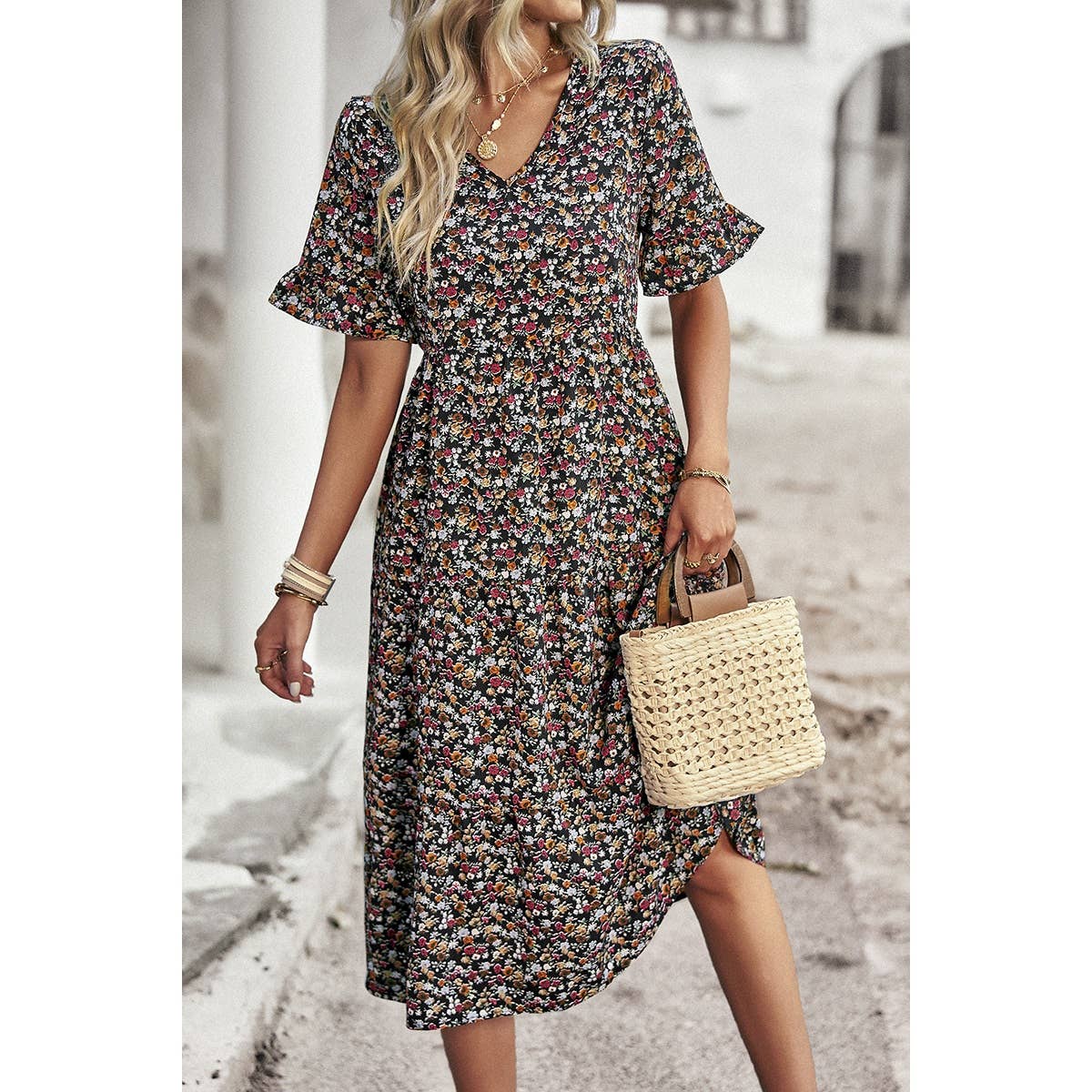 Floral Print Fit Ruffle Sleeve Midi Dress