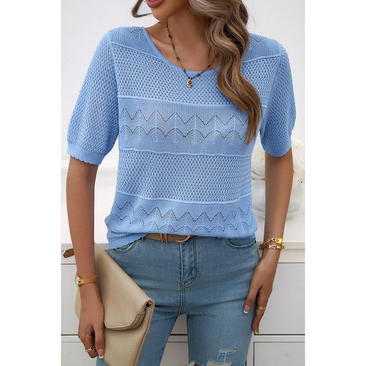 Crew Neck Hollow Lightweight Weaved Sweater Shirt