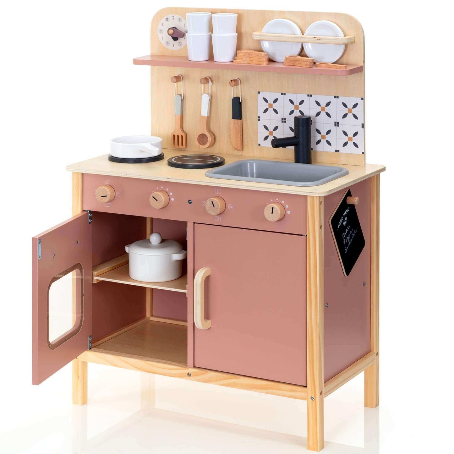 Wooden Play Kitchen Set - Montessori Pretend Cooking 22pc Ages 3+