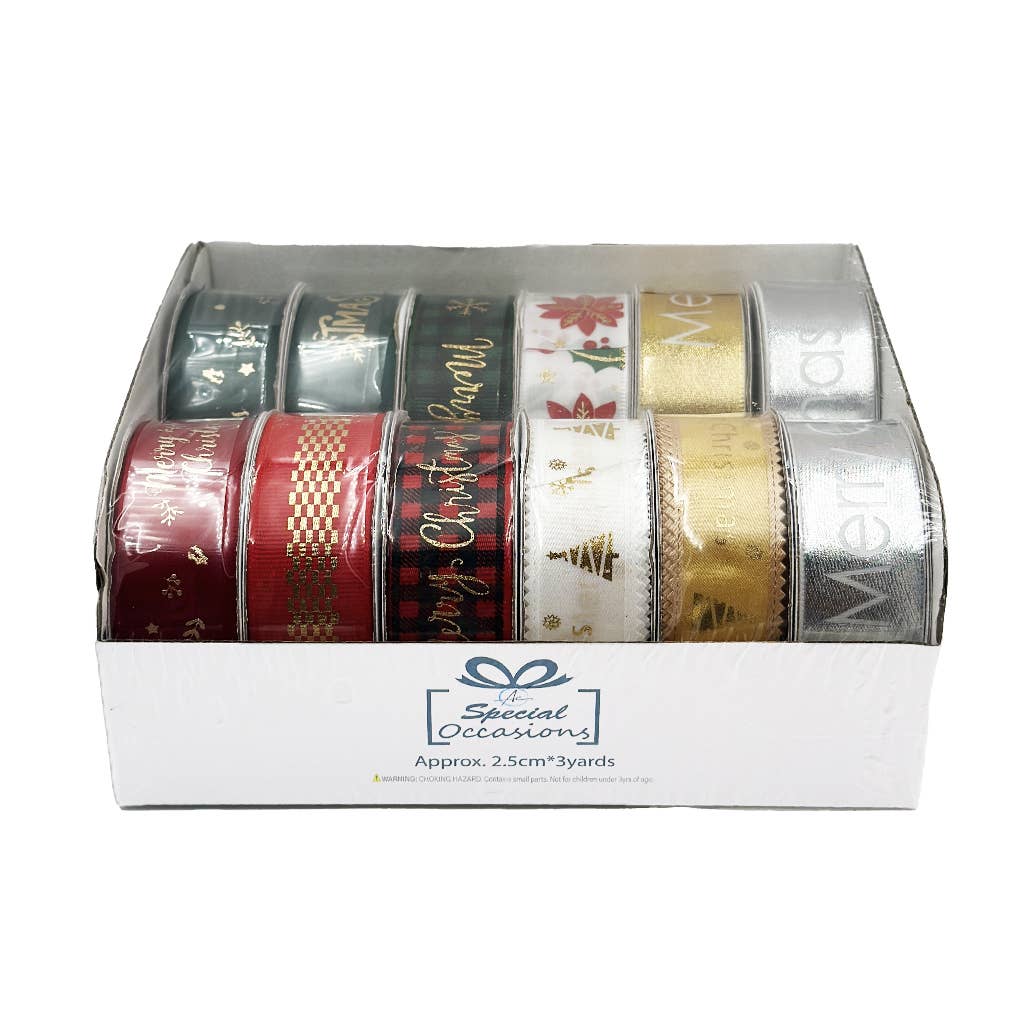 Ribbon Roll-Christmas Designs, 12Rolls/PDQ, 1"x3Yards/Roll
