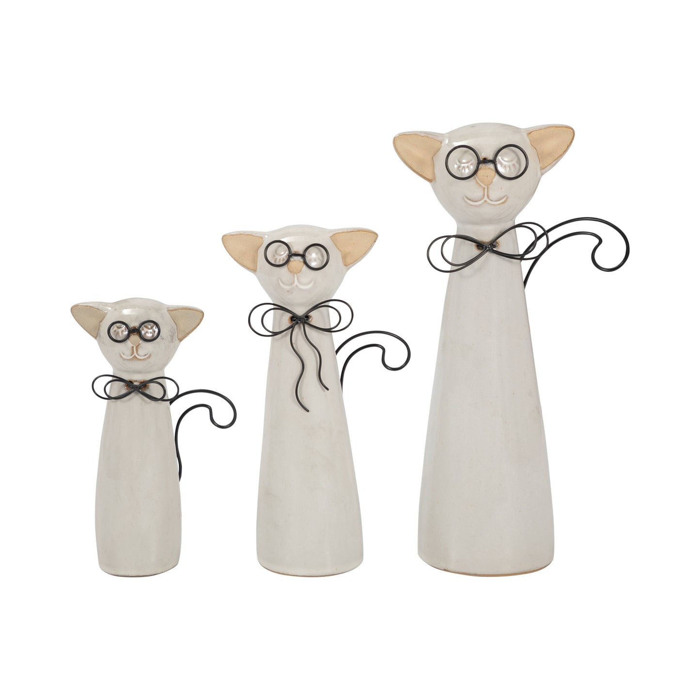 Ceramic Cat Figurine with Glasses and Bow - White, 11 in.