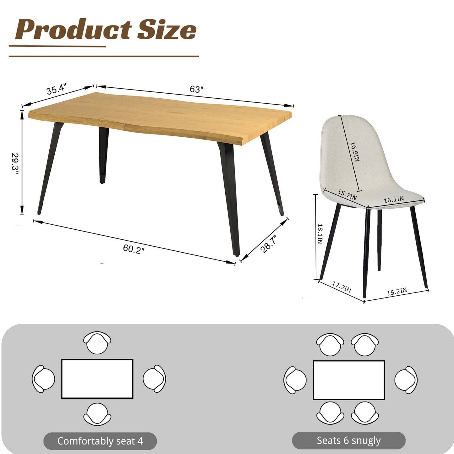 5-Piece Dining Set-63" Wave-Edge Table and Chair Options