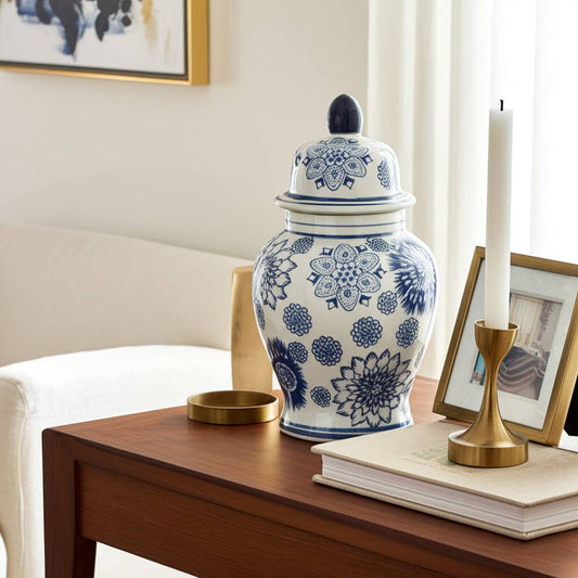 Ceramic Vintage Floral Decorative Temple Jar - Blue, 10 in.