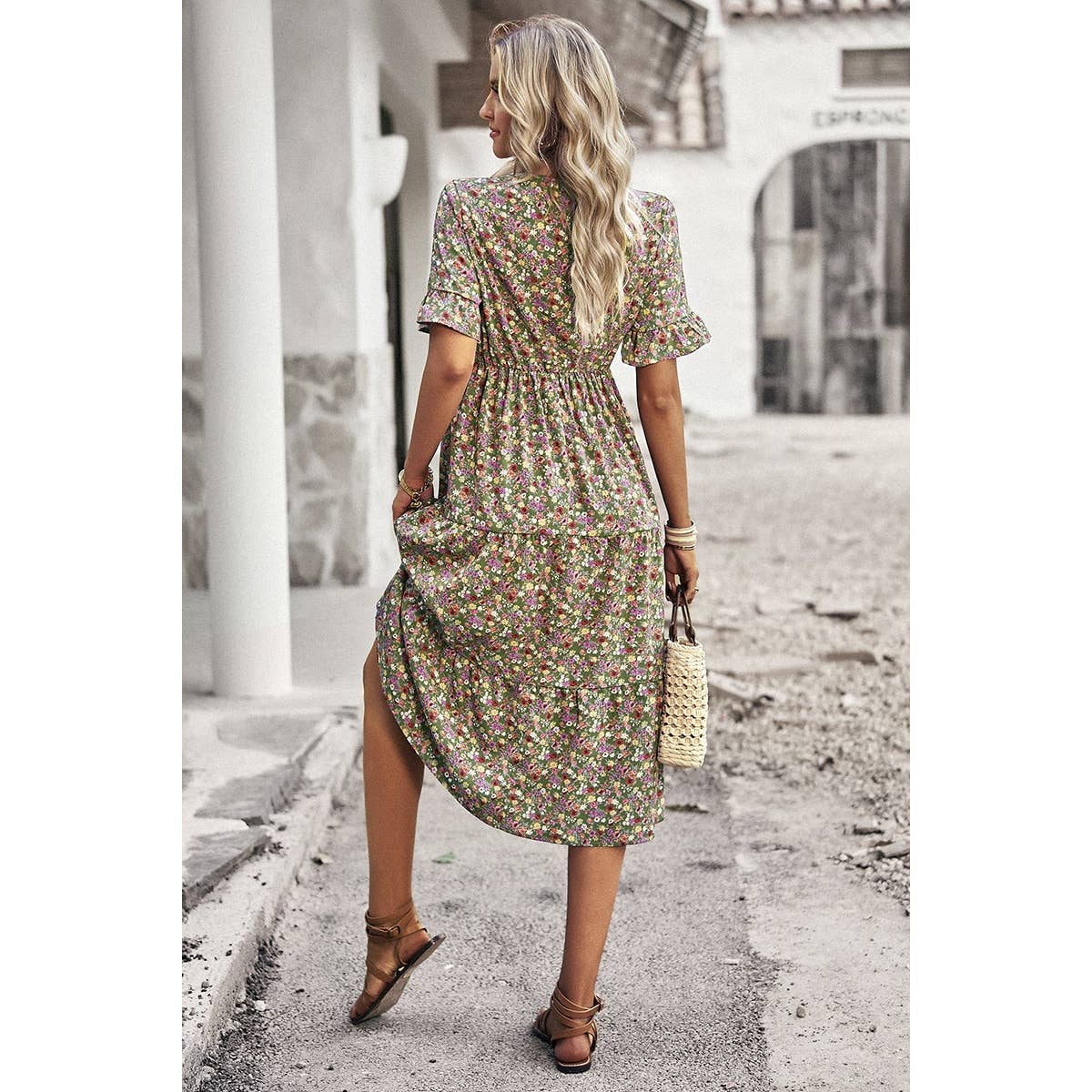 Floral Print Fit Ruffle Sleeve Midi Dress
