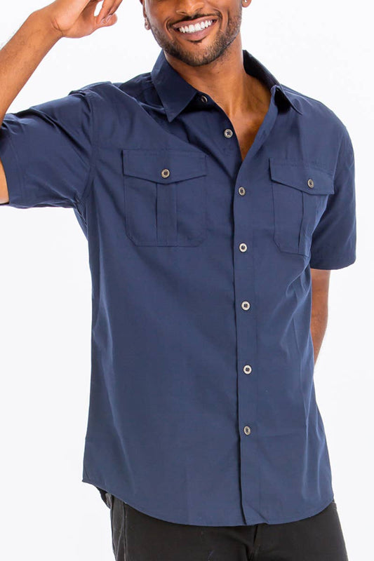 Dual Chest Pocket Short Sleeve Button Down Shirt