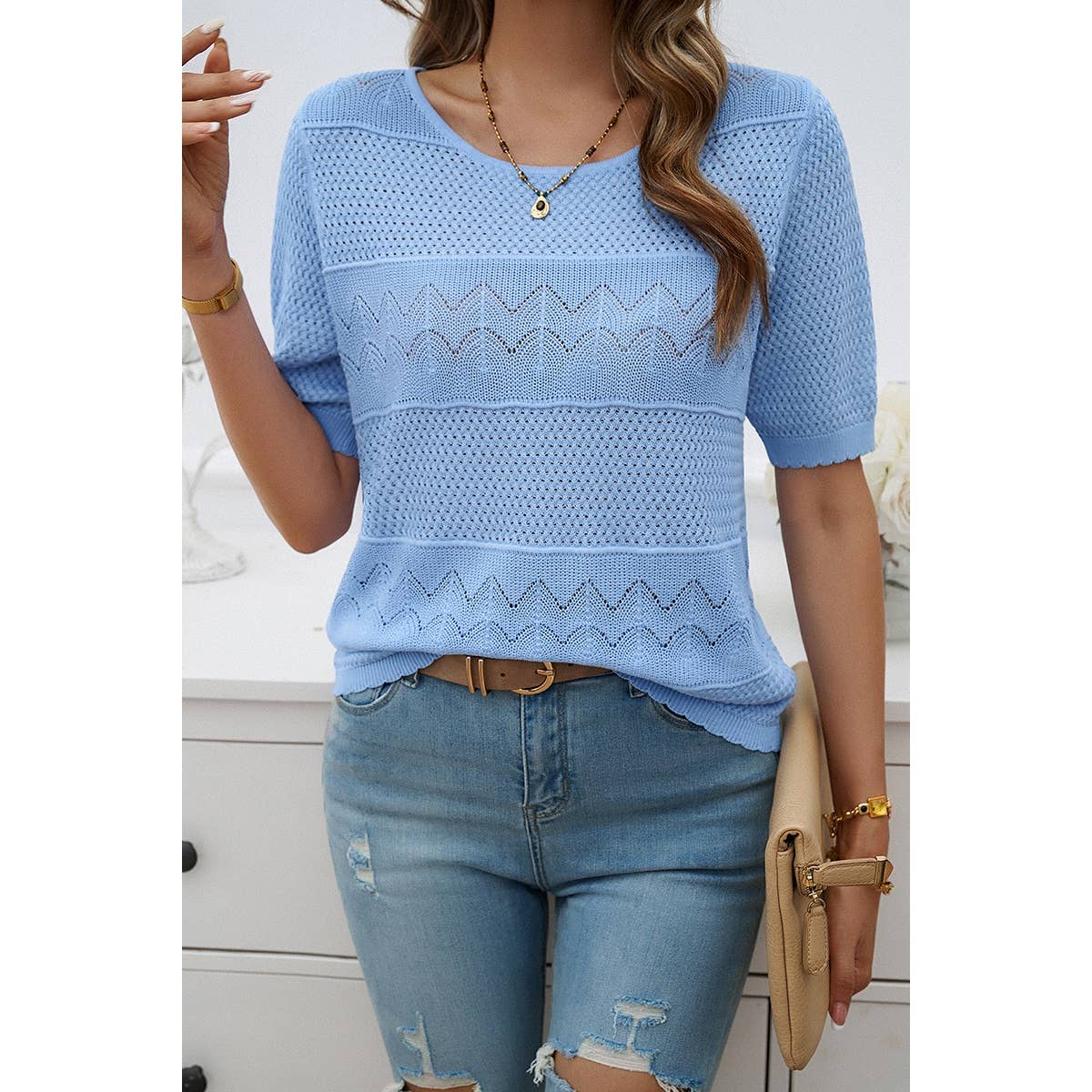 Crew Neck Hollow Lightweight Weaved Sweater Shirt