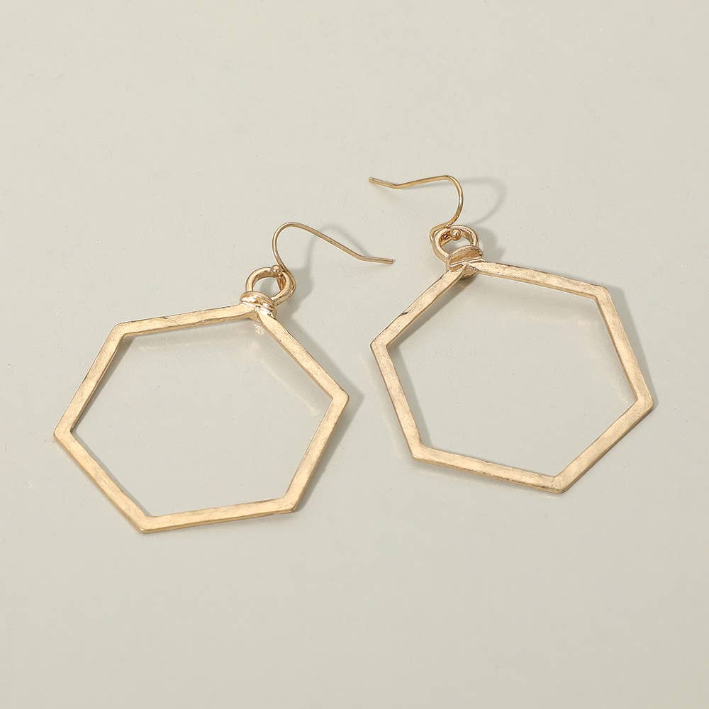 Hammered Metal Geometric Open Hexagon Dangle Earrings