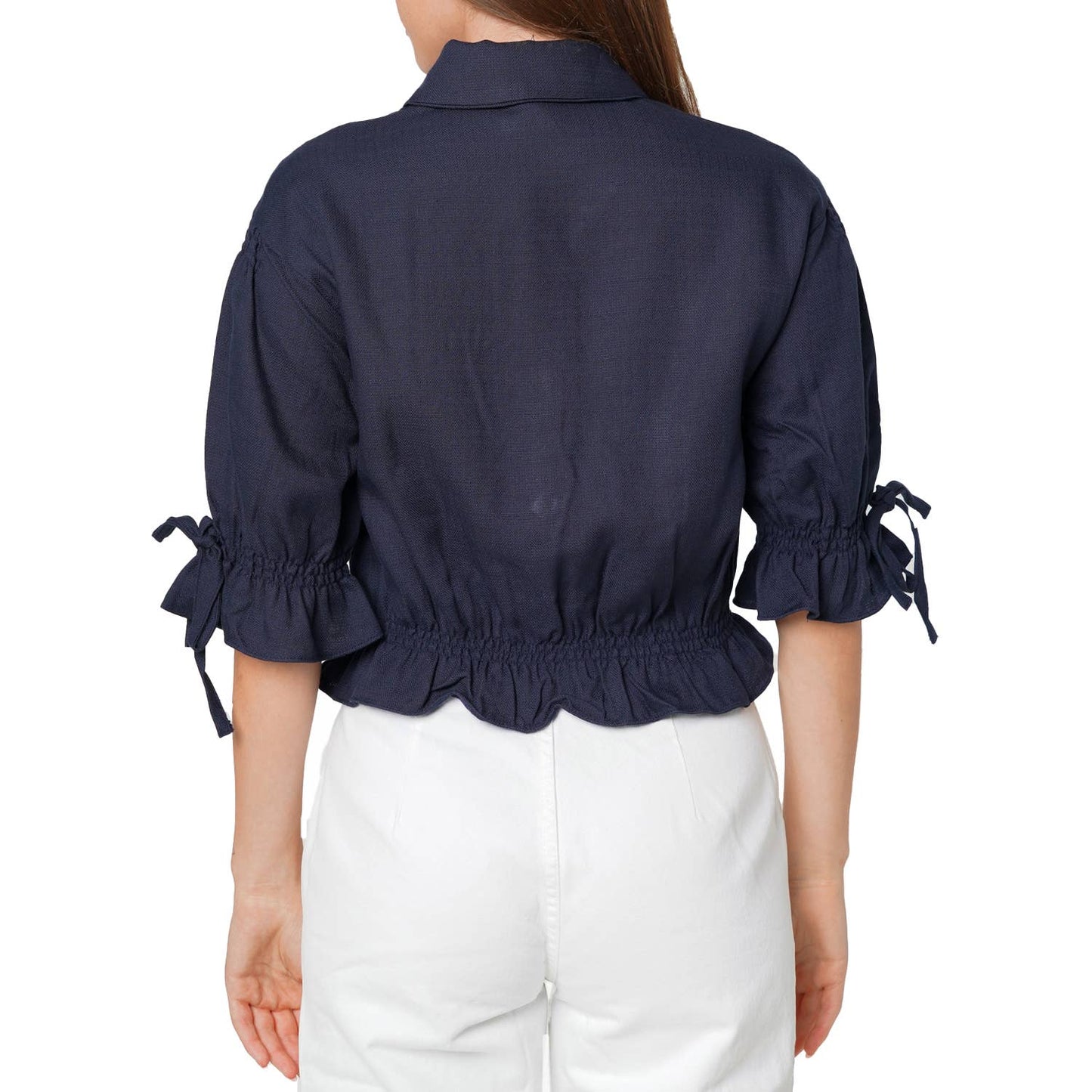 Nurode's Button Front Tie Hem Blouse in Navy