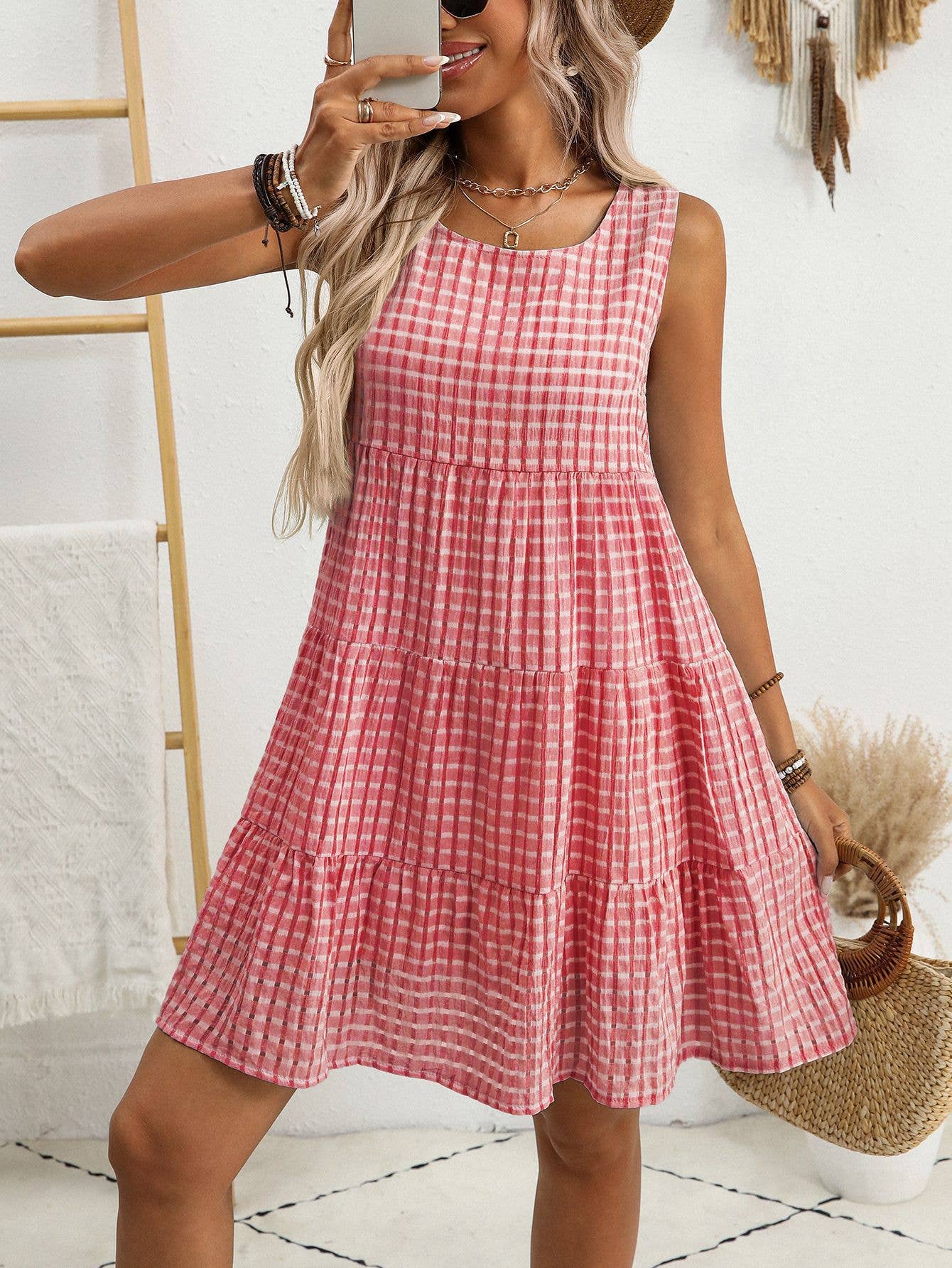 Checkered Tiered Sleeveless Mini Dress