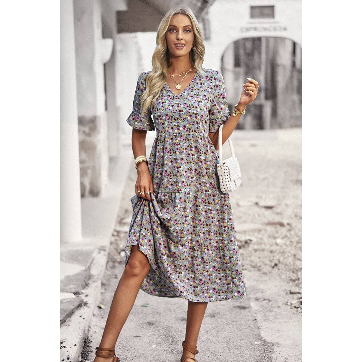 Floral Print Fit Ruffle Sleeve Midi Dress