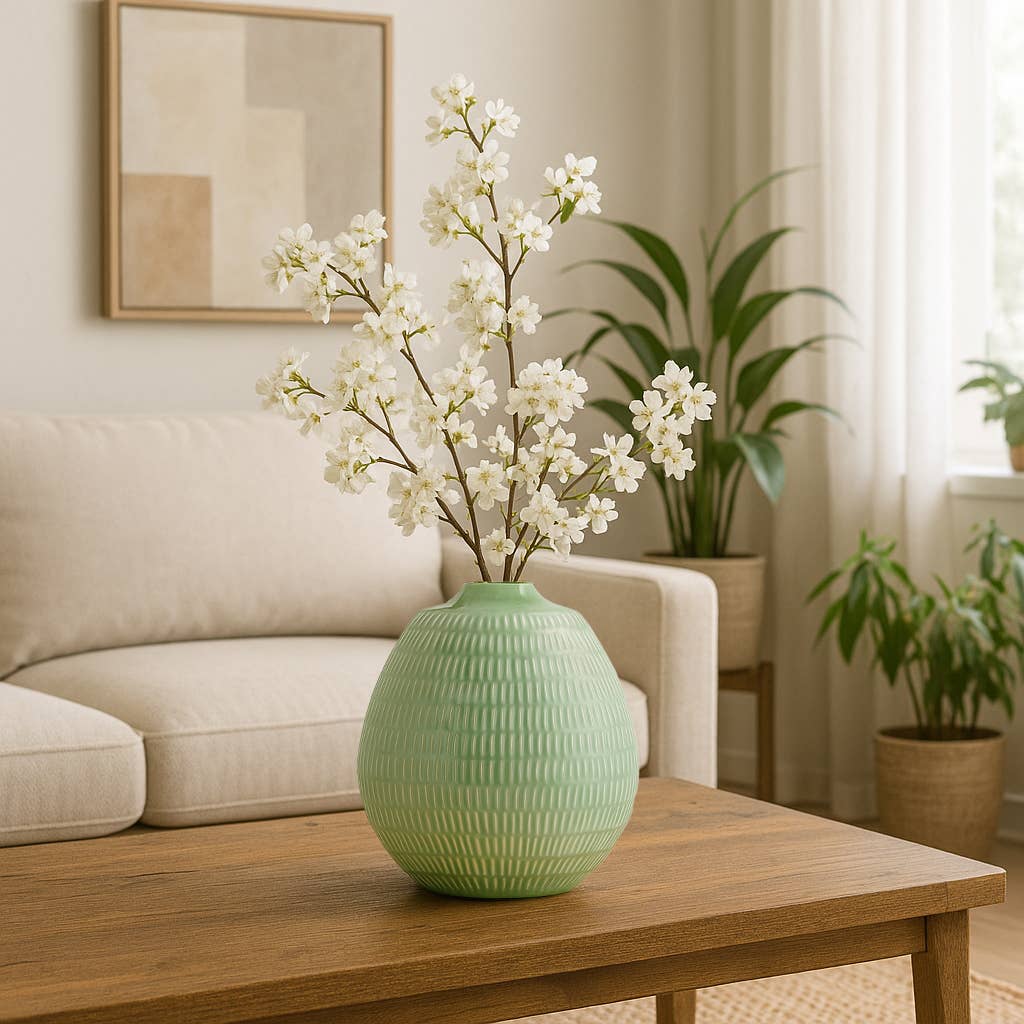 Ceramic Oval Stripe Decorative Vase - Green, 7 in.