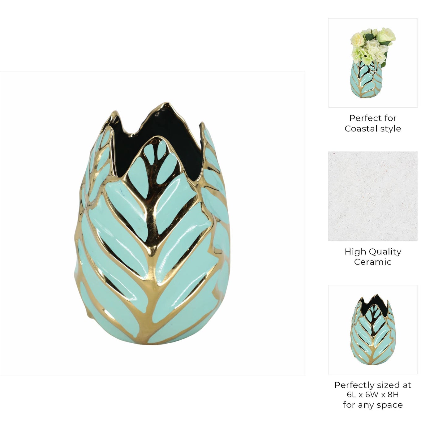 Ceramic Leaf Sculptural Design Flower Vase - Green, 8 in.