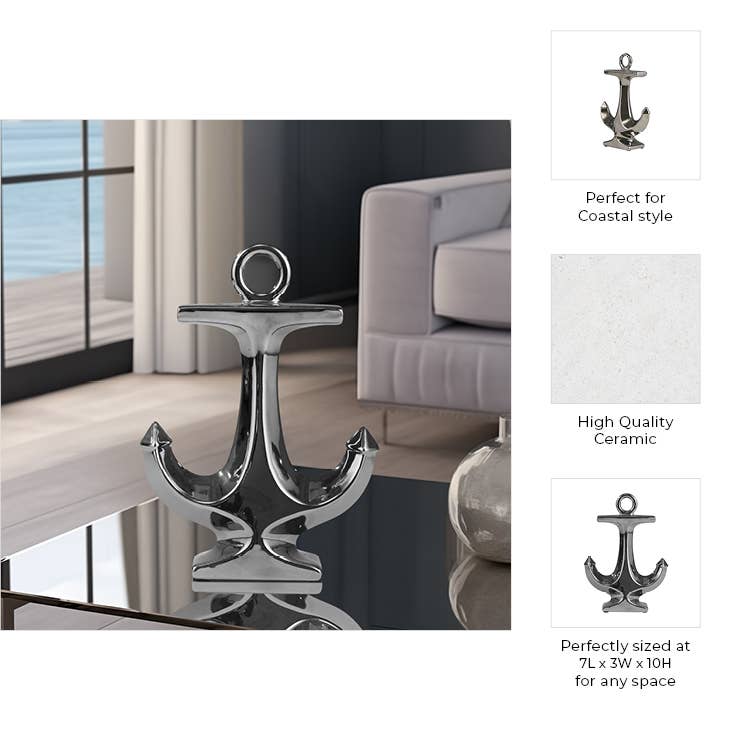 Silver 10 in. Ceramic Novelty Solid Coastal Sculpture