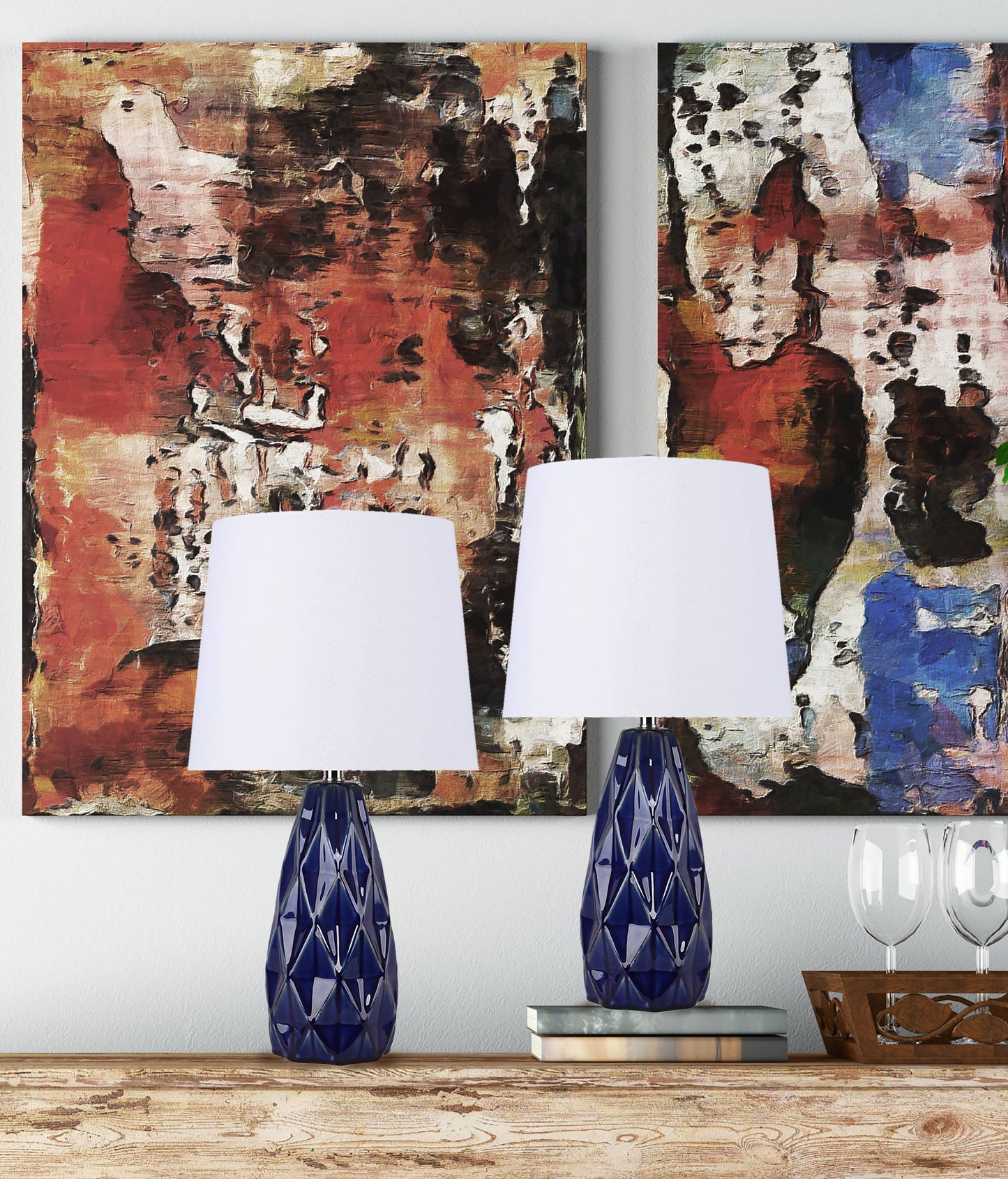 Ceramic Table Lamp w/ Faceted Base & Linen Shade 20.5”