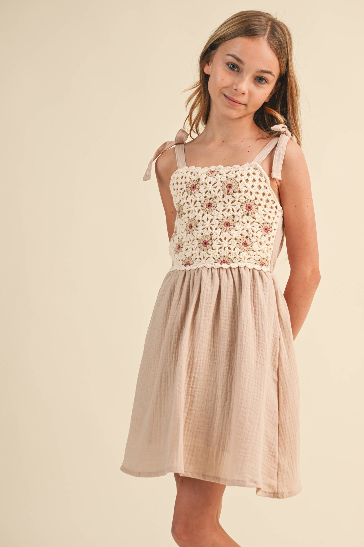 TWEEN KIDS GIRLS CROCHET TIE SHOULDER MINI DRESS (7-12)