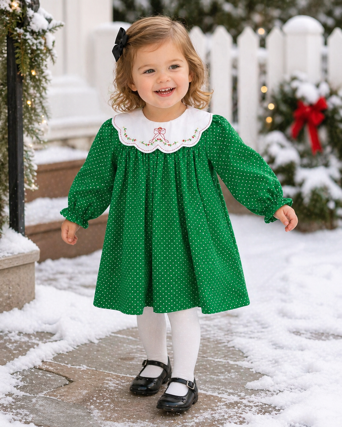 Green Dot Holiday Dress with Novelty Collar