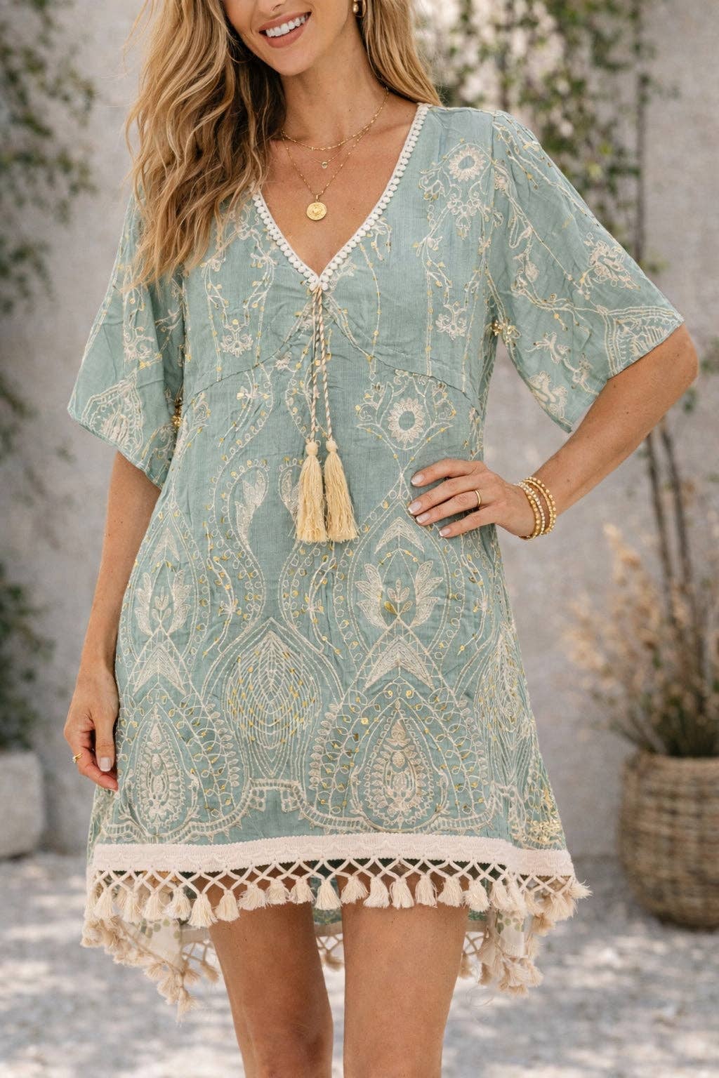 JCL903302 Embroidered Sequin Boho Tunic Dress with Tassel Tie & Fringe Hem