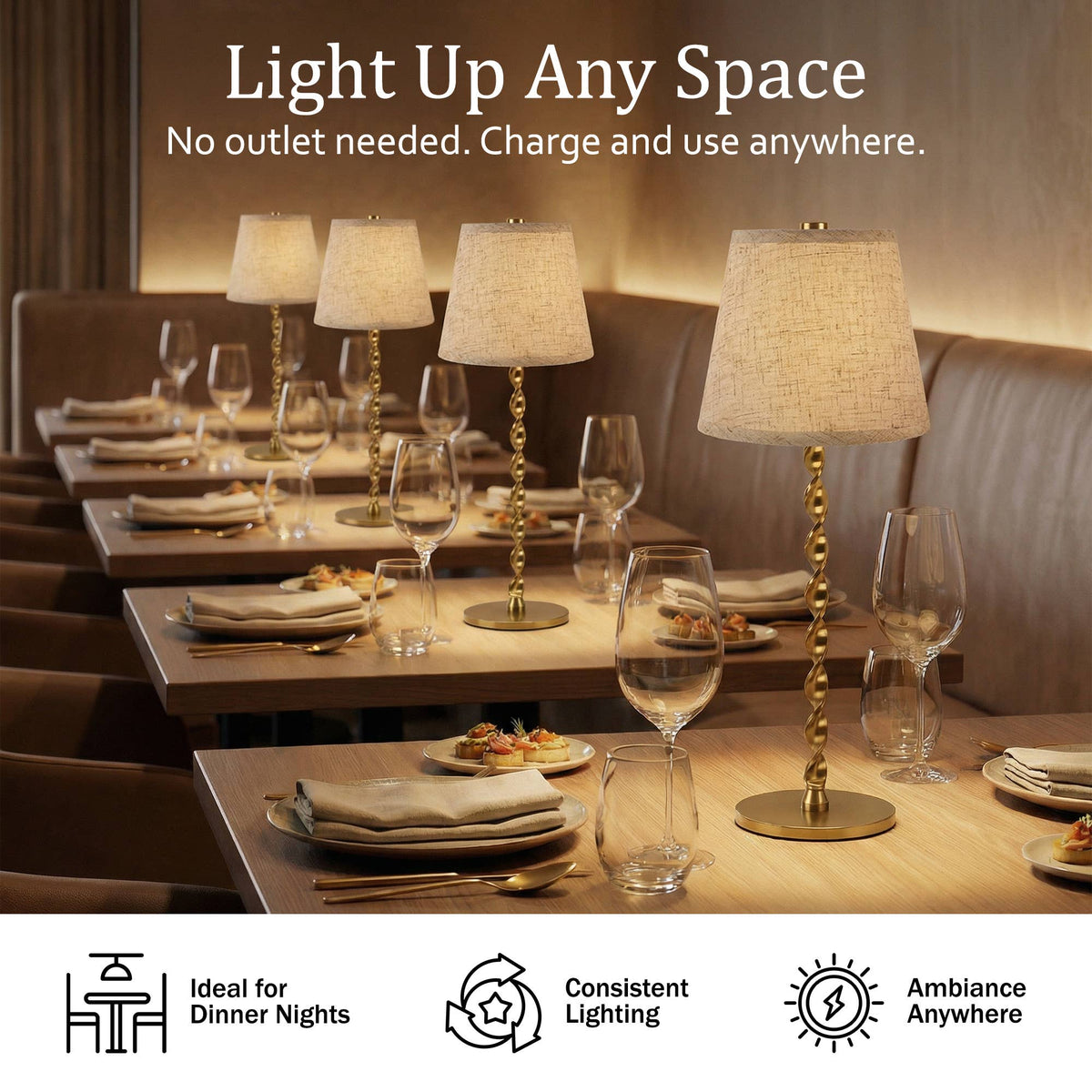 Twisted Linen Shade, Gold Twist Stem, Cordless LED Lamp