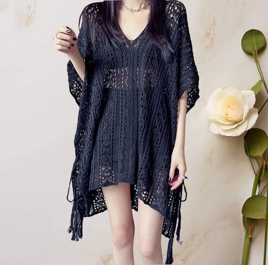 JC063308 Sided-Tassel Detailed Crochet Tunic