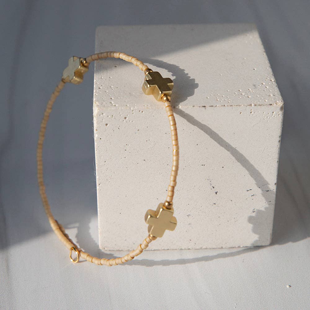 Faithful Beaded Cross Bangle w/ Matte Gold Crosses-Latte