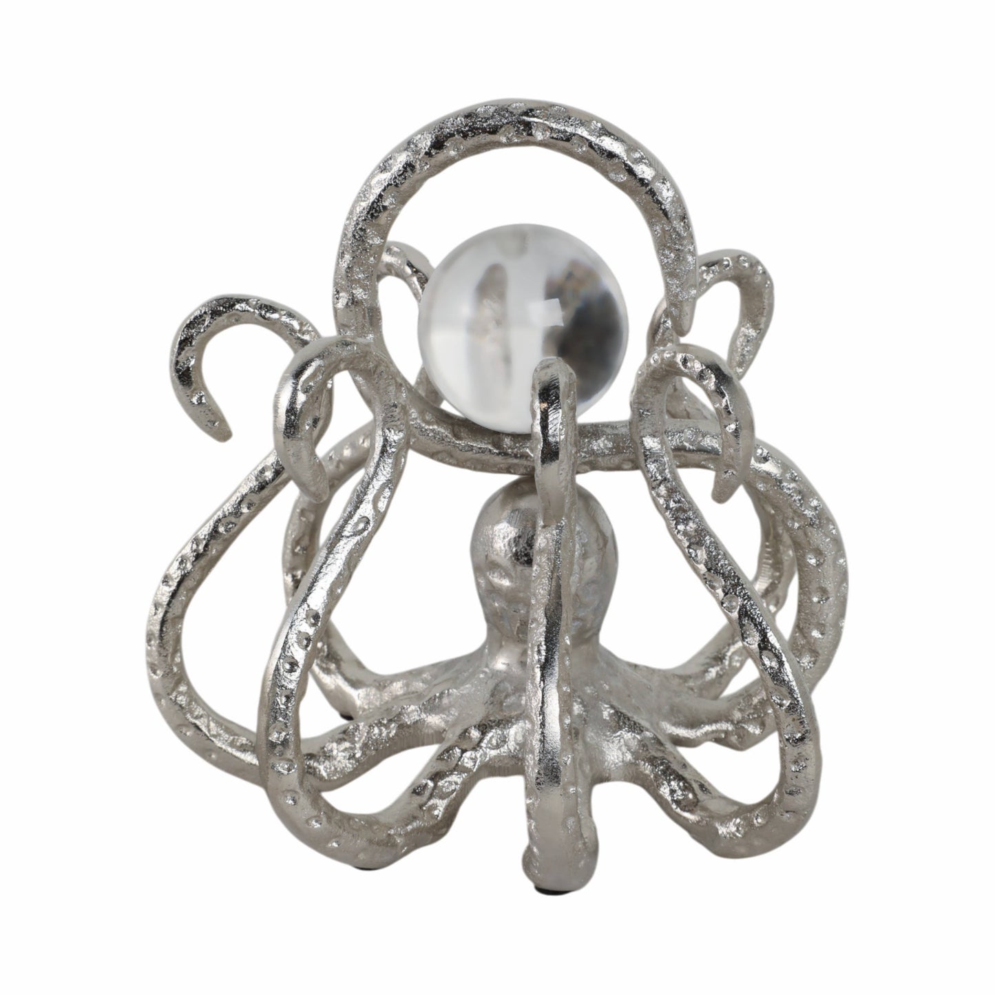 Figurine - Silver Metal Octopus with Acrylic Ball, 8 in.
