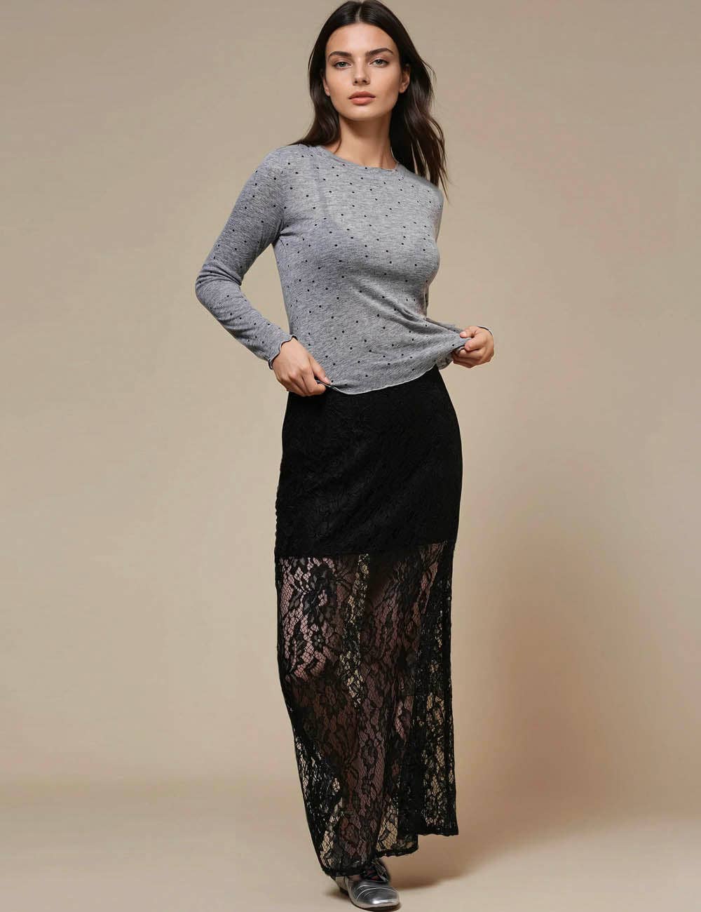 Ladies Dot Print See Sheer Layring Top SKT50744