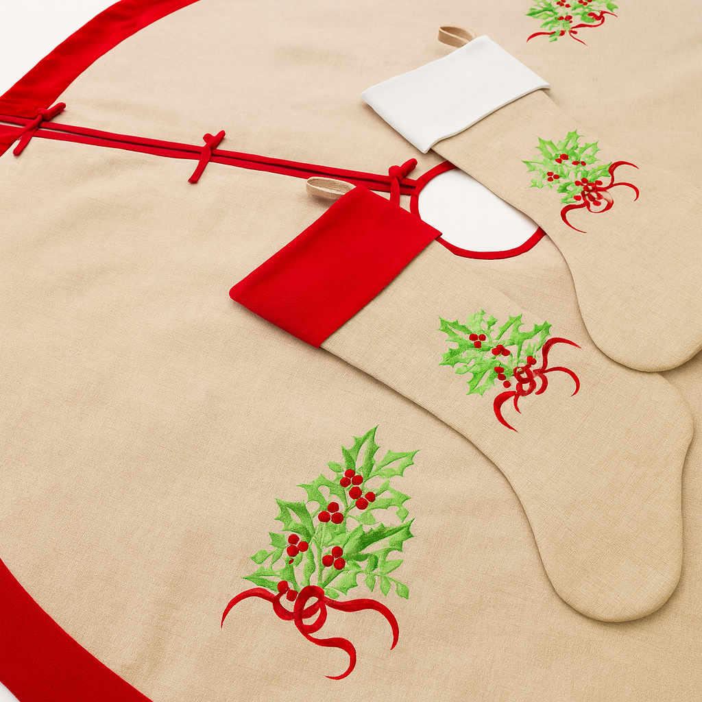 Red & Natural Embroidered Holly Christmas Stocking
