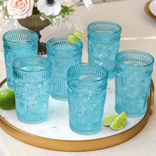13 oz. Vintage Textured Aqua Blue Drinking Glasses (Set of 6