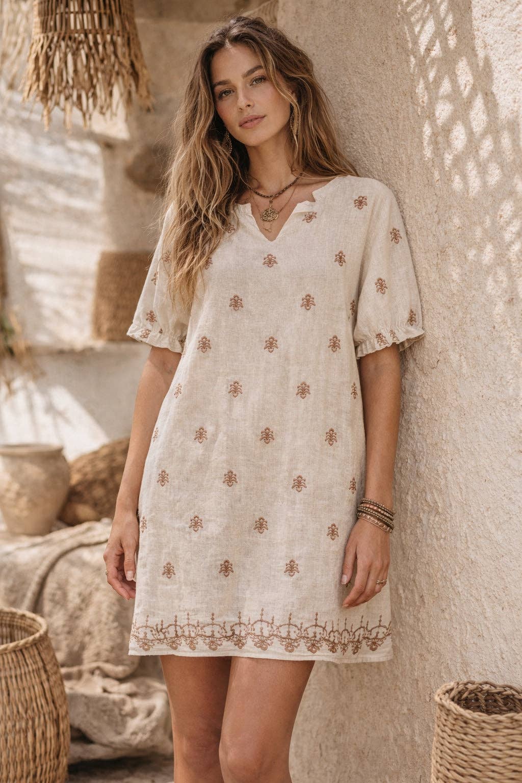 JCL0903303 Beige Lightweight Linen-Feel Embroidered Tunic Top – Relaxed Fit with Border Detail