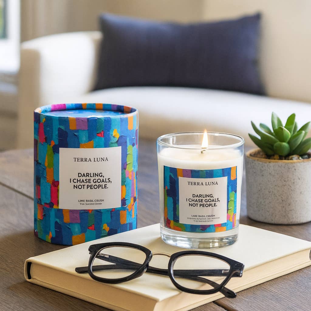 Boxed Candle - Blue Glass "Chase Goals Not People", 7 Oz