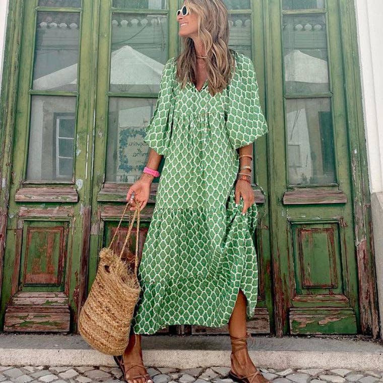 Geometric Abstract Collage Puff Sleeve Dress