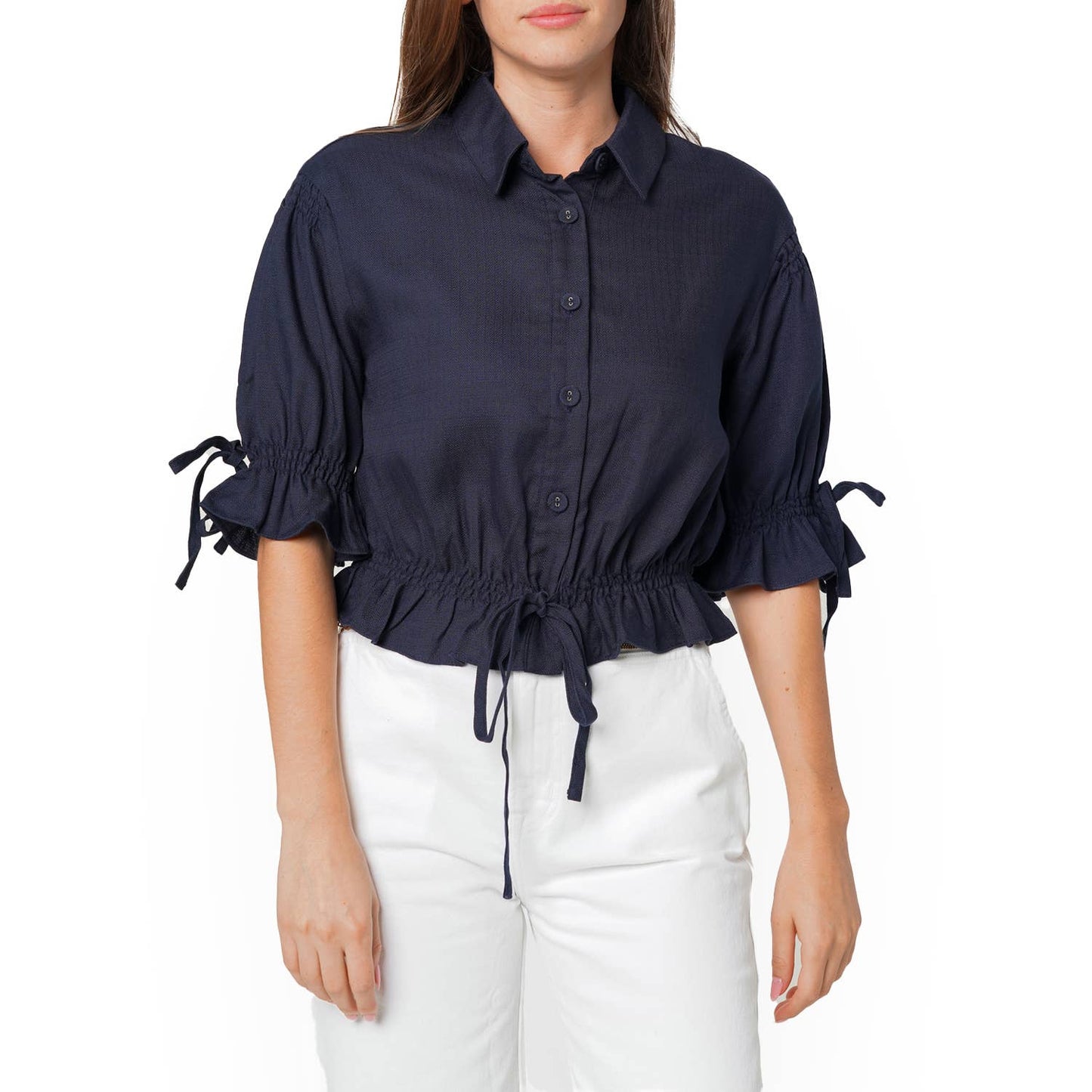 Nurode's Button Front Tie Hem Blouse in Navy