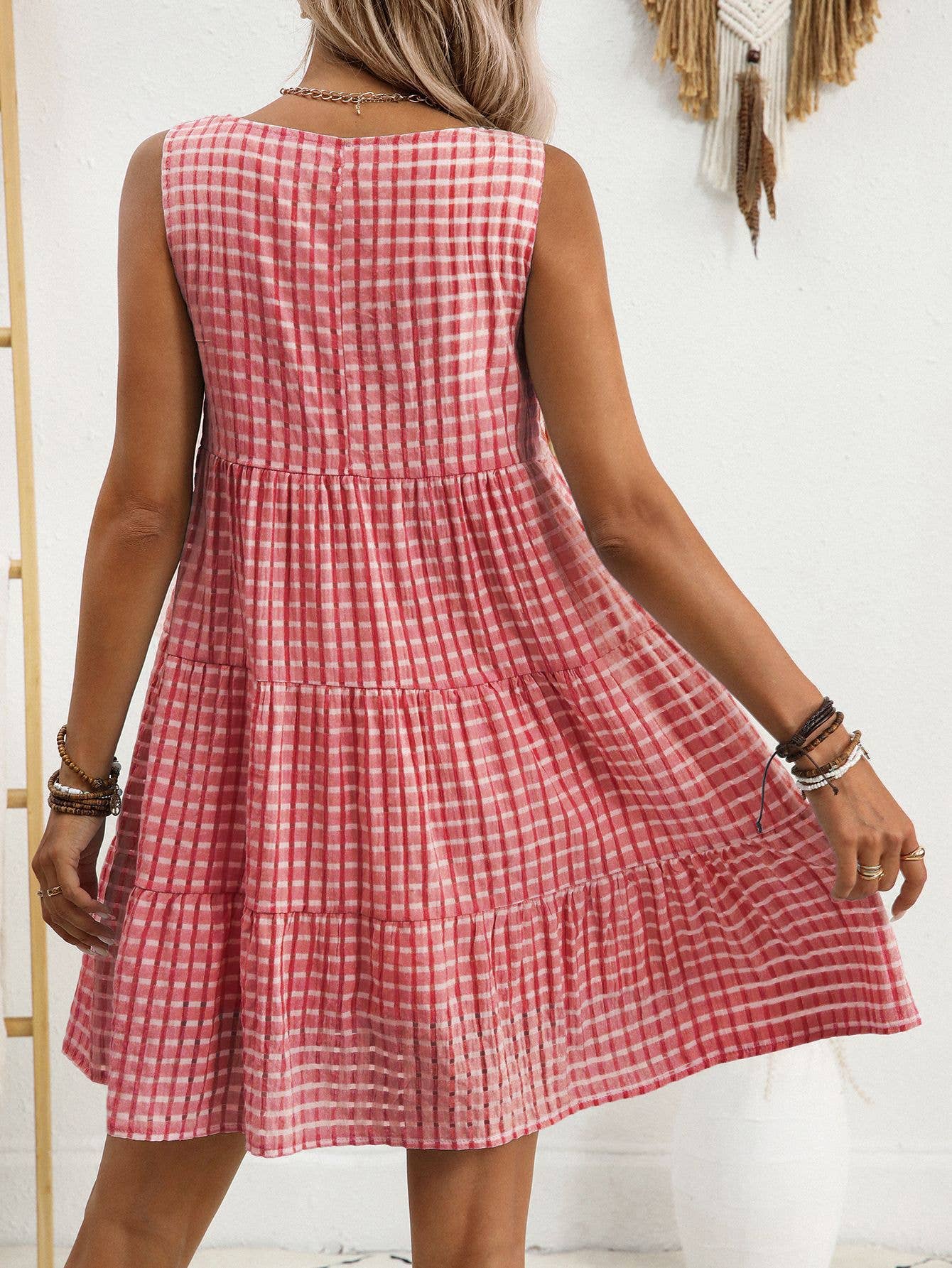 Checkered Tiered Sleeveless Mini Dress