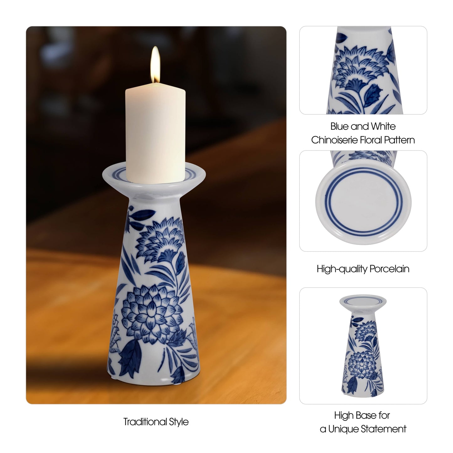 White 8 in. Porcelain Cylinder Chinoiserie Candle Holder