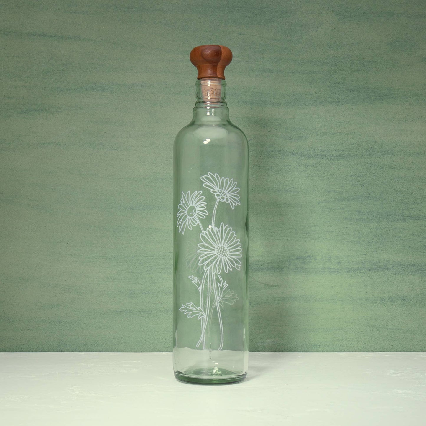 Daisy Glass Water Bottle With Wooden Stopper