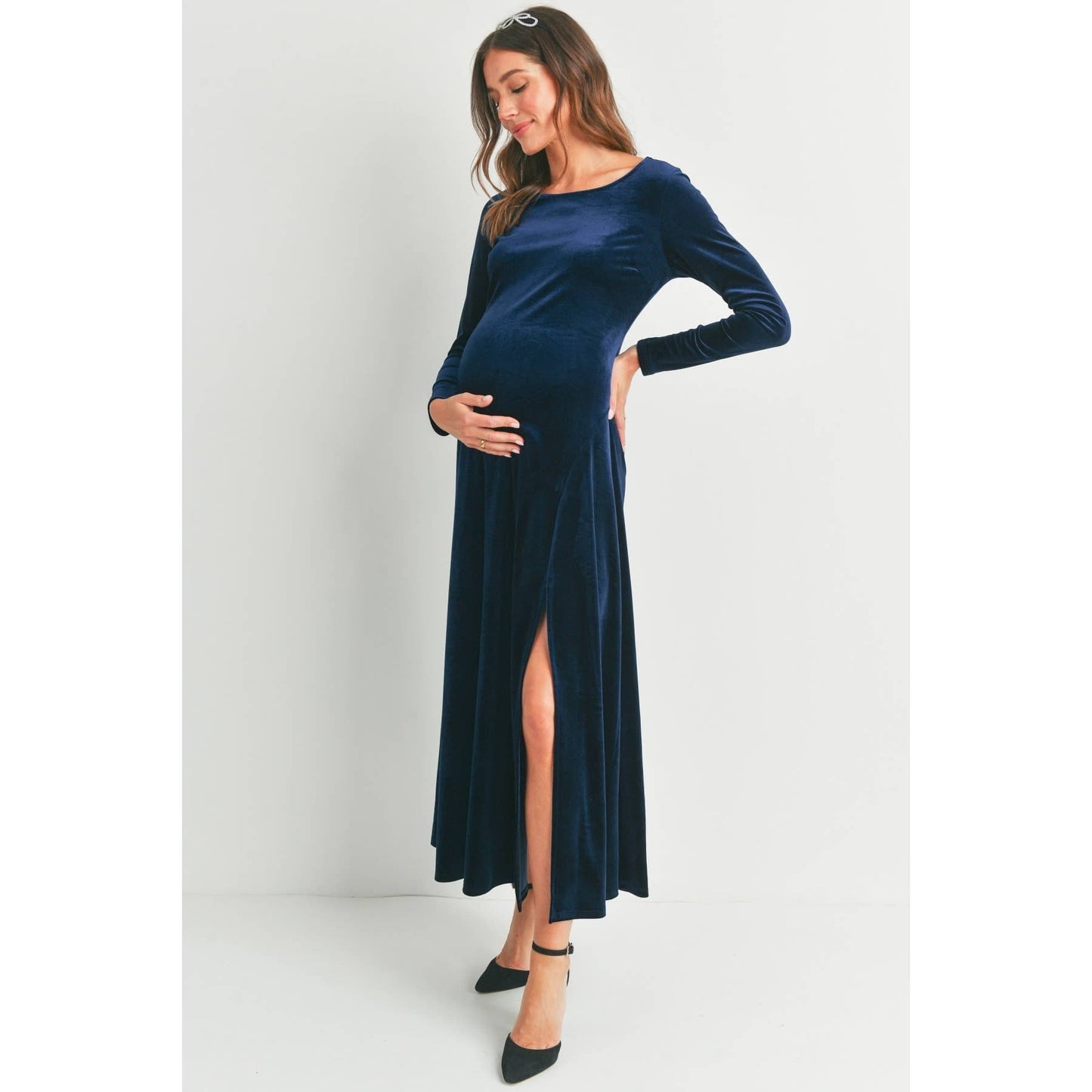 Velvet Long Sleeve Maternity Midi Dress