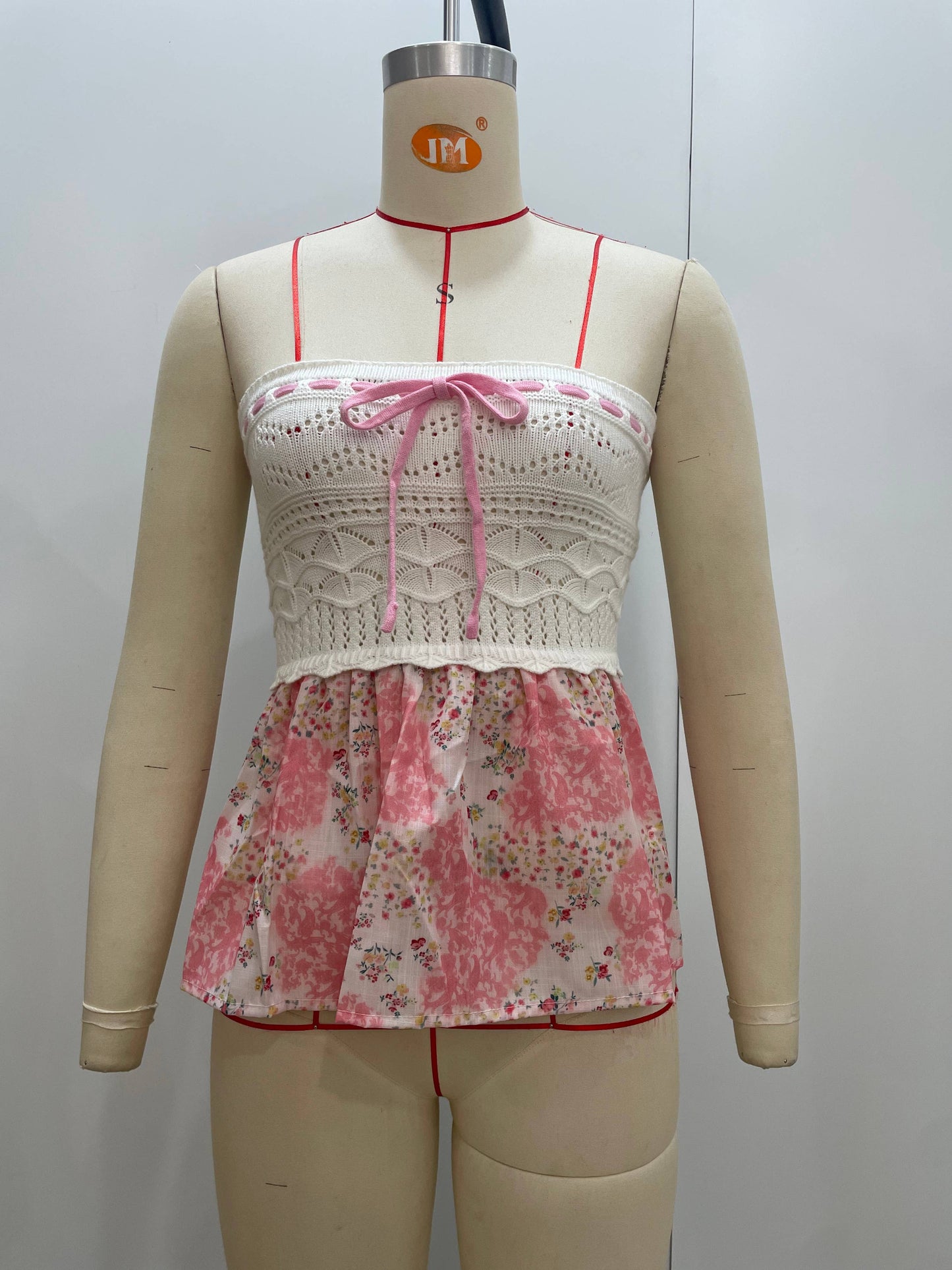 Pink Knit Strapless Tie-Front Crop Top