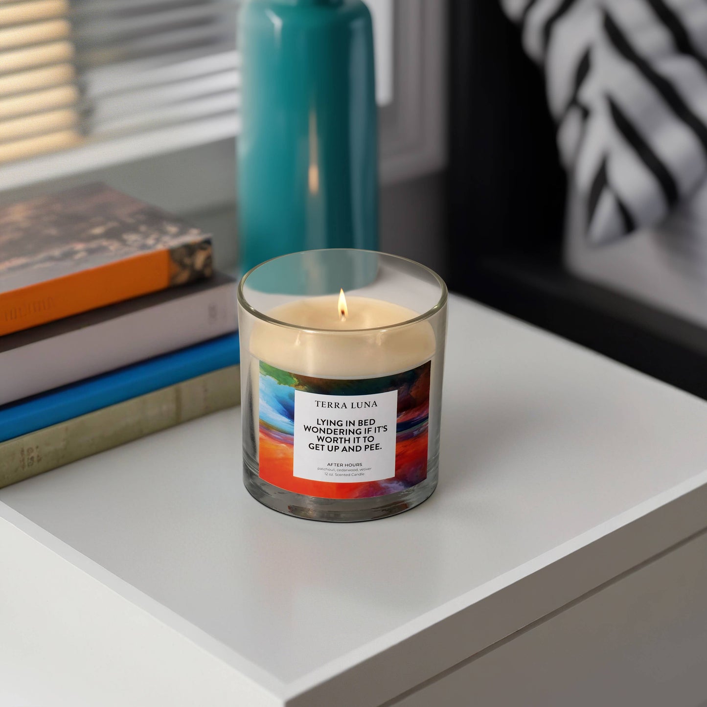 Candle - Orange/Blue Glass Lying In Bed with Lid, 12 Oz