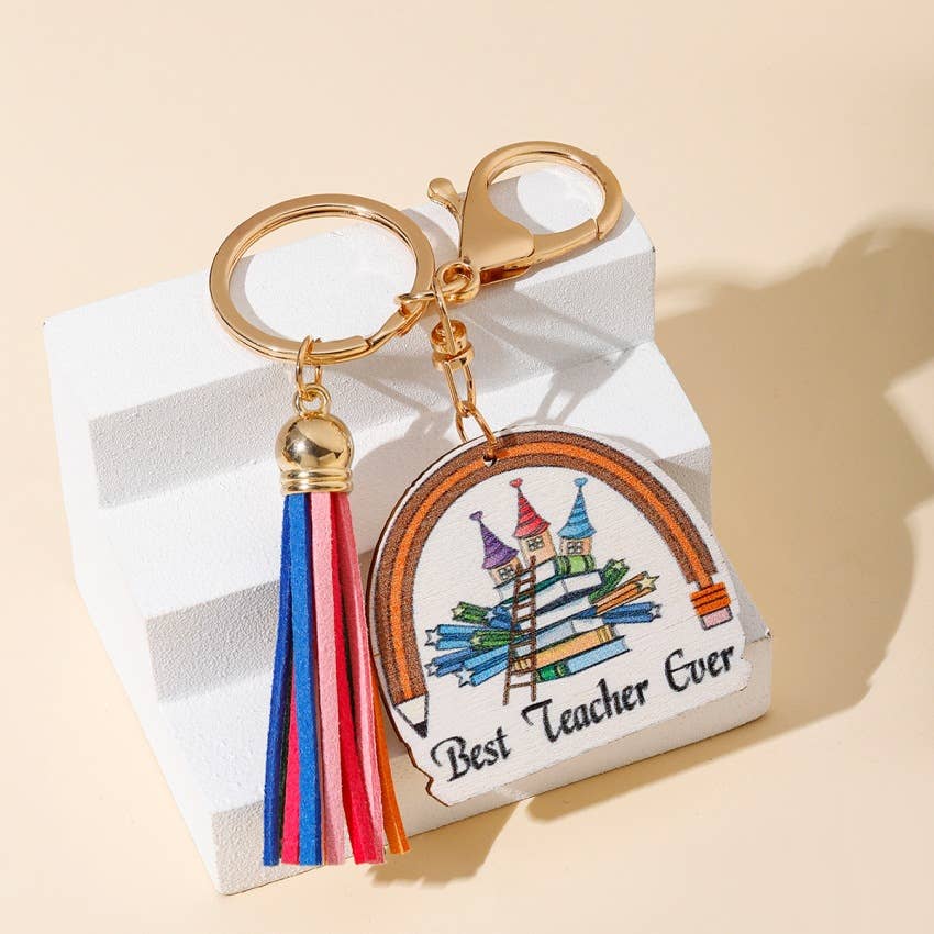 Rainbow Wooden Plaque Tassel Keychain Pendant