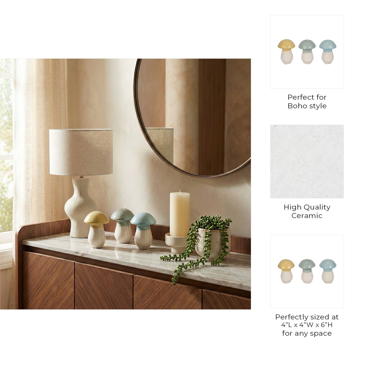 Figurines Set of 3 - Multi-Color Ceramic Top Mushroom, 6 in.