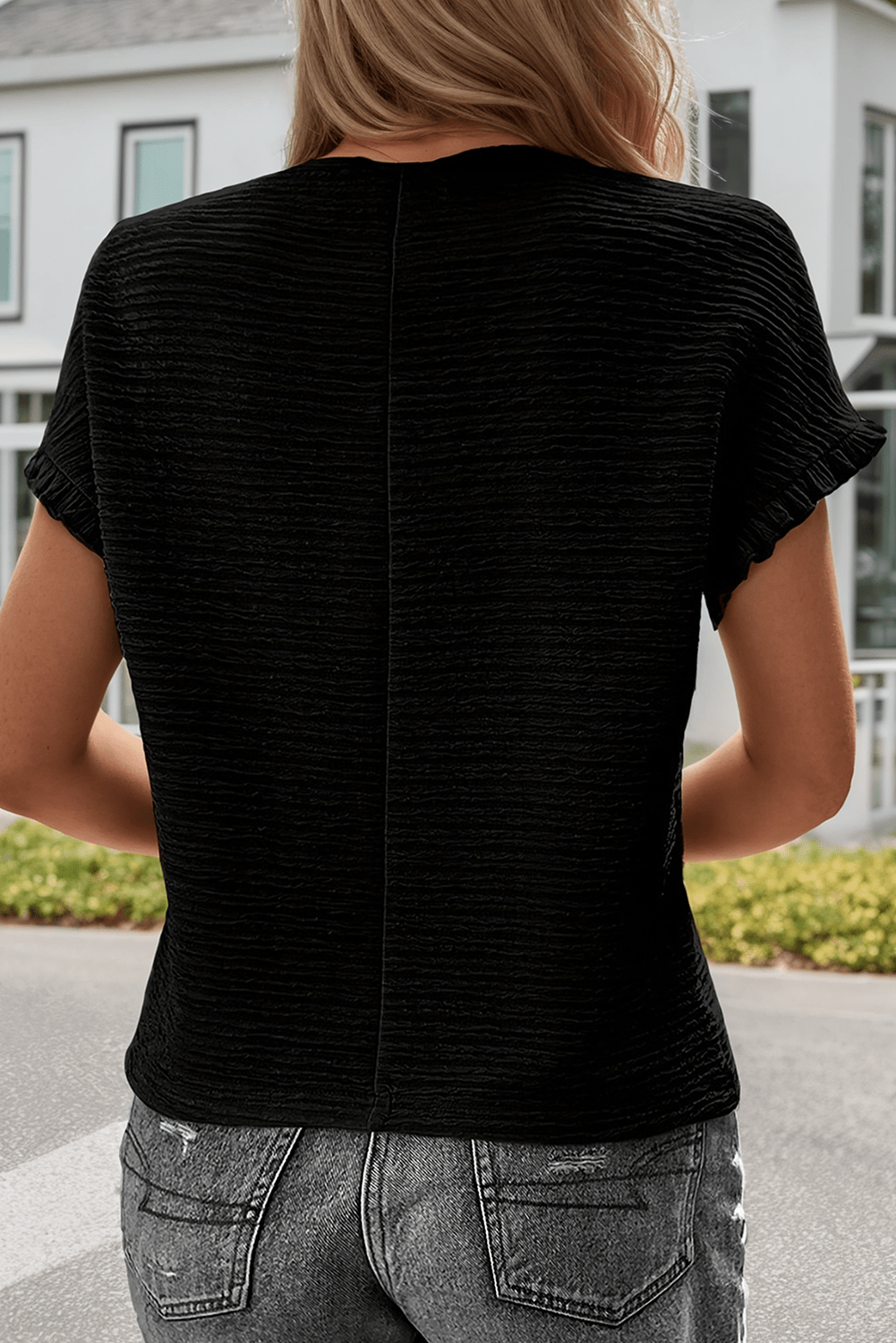 Solid Textured Ruffled Short Sleeve Blouse/S-2XL